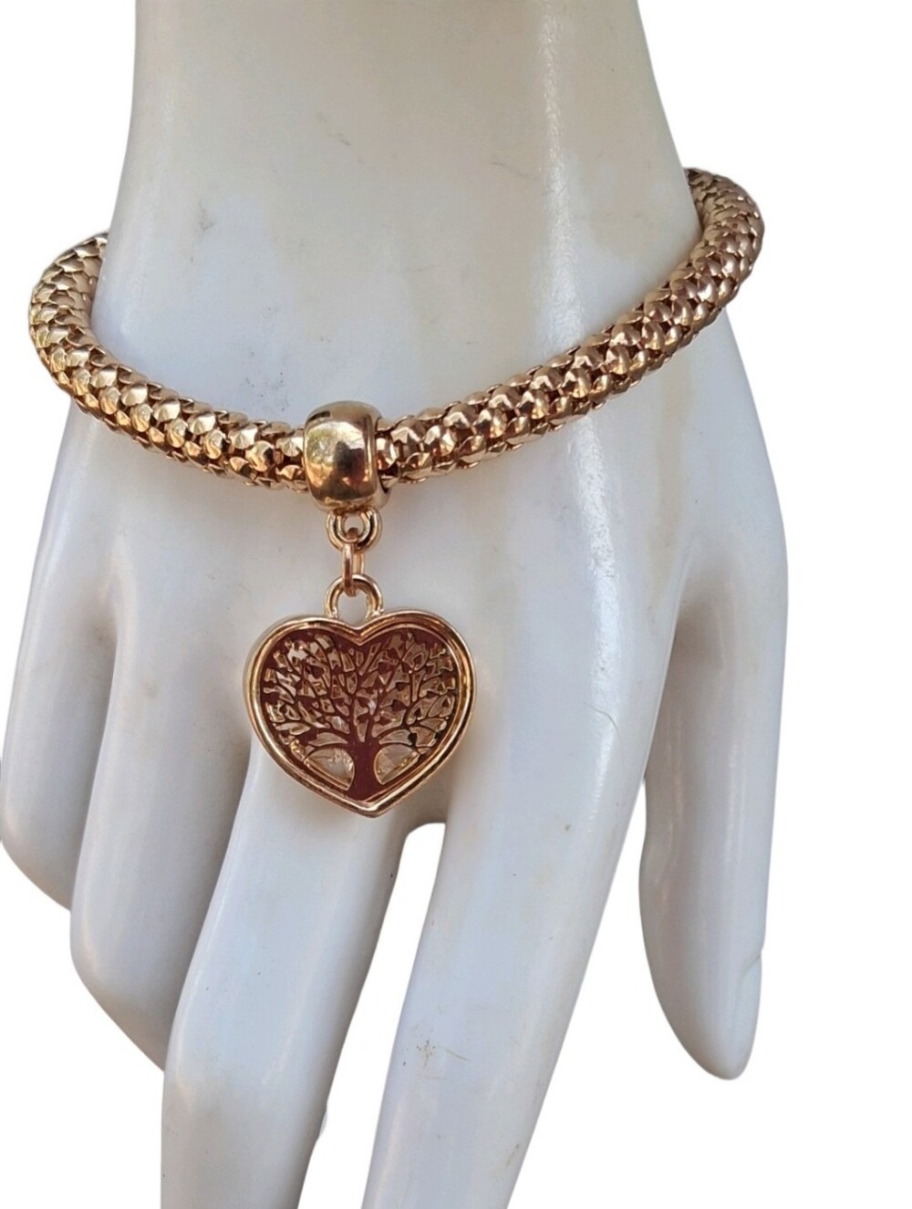 Gold Tone Tree of Life Heart Dangle Mesh Stretch Bangle Bracelet
